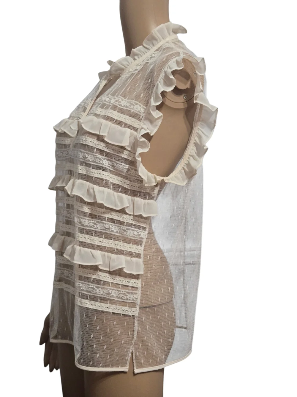 Twinset Milano Cream Lace Ruffle Blouse Sheer Swiss Dot Sleeveless  Top US Small - Picture 3 of 8